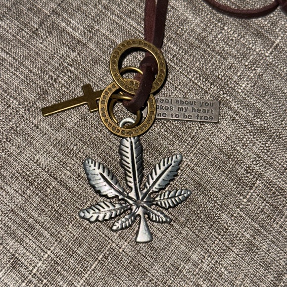 Long Necklace, Leather Silver & Brown Leaf Pendant Necklace, Handmade Jewelry - Picture 10 of 11